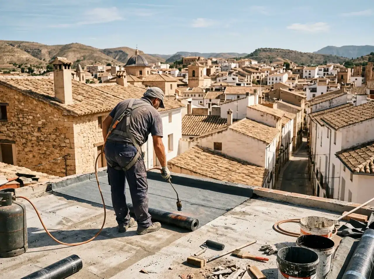Aplicación de sistema impermeabilizante en una terraza en Lorca con vistas al casco urbano
